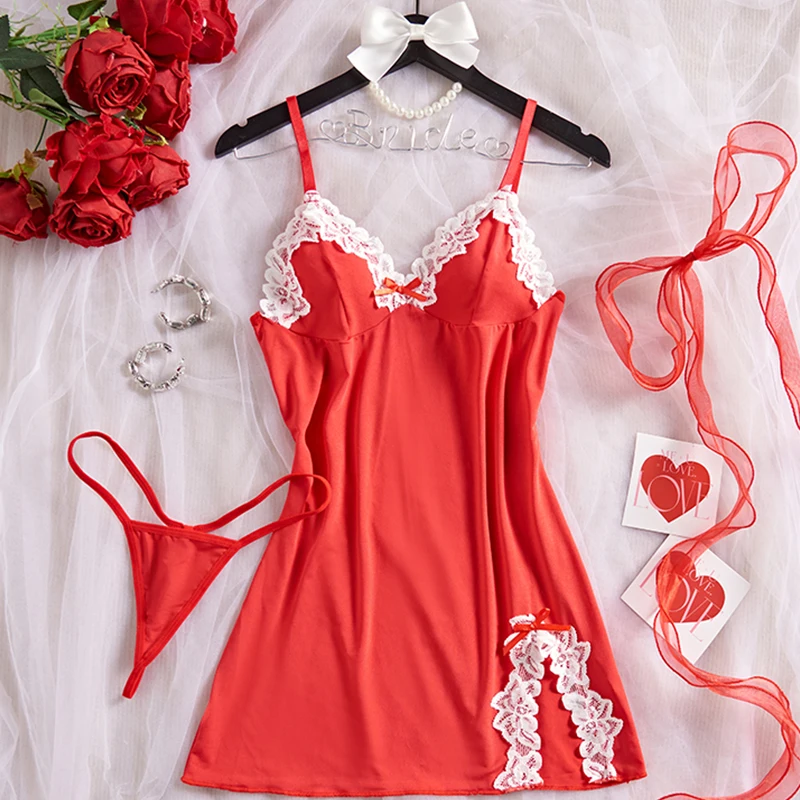 Teddy Sling Crotchless Nightgown Sexy Lingerie For Woman Deep V Babydolls Red Lace Nightdress Dress And Thongs Erotic Pajamas