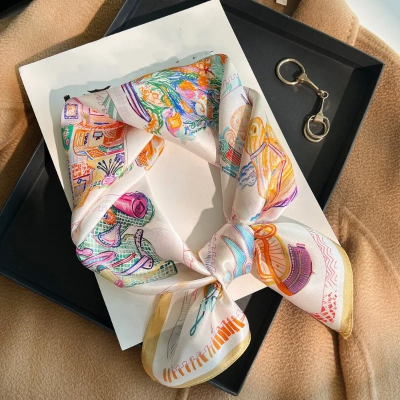 Fashion Women Silk Satin Scarf 68x68cm Colorful Abstract Art Print Neck Scarf Multi Use for Hair Bag and Outfit Decoration