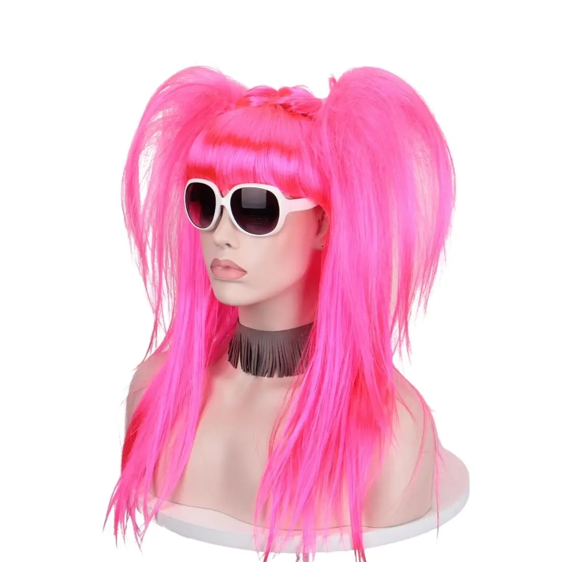 Rose Red Double Pferdeschwanz Lange Gerade Synthetische Perücke für Frauen Cosplay Kostüm Party Geschenke – Detail 2