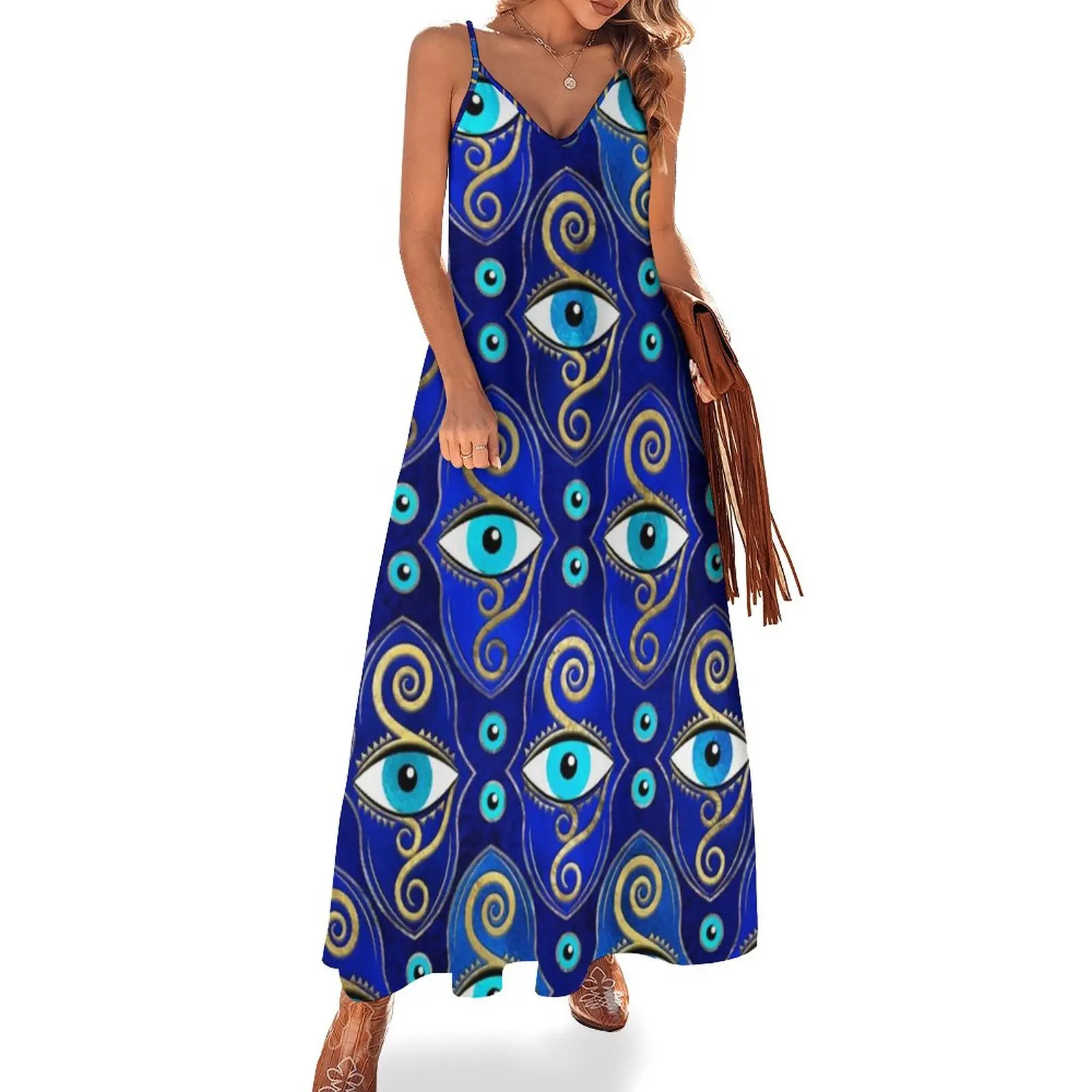 Evil Eye Charm Pattern Dress Greek Eyes Mati Amulet Streetwear V Neck Boho Beach Long Dresses Graphic Sexy Maxi Dress 4XL 5XL