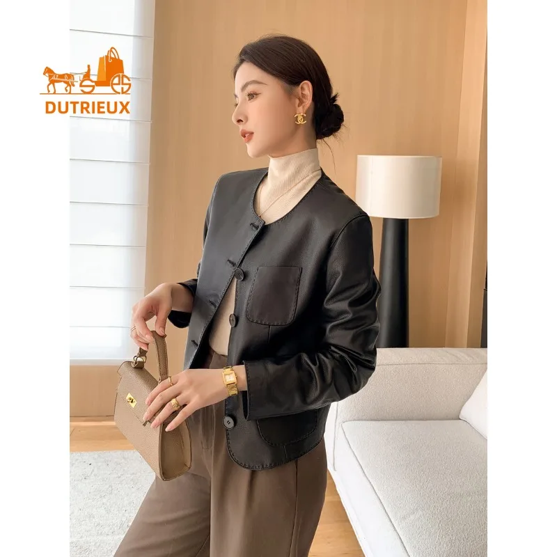 2025 New Autumn Women's Short Handmade Leather Jacket, Fashion and Elegant 100% Real Sheepskin Slim Coat for Women
