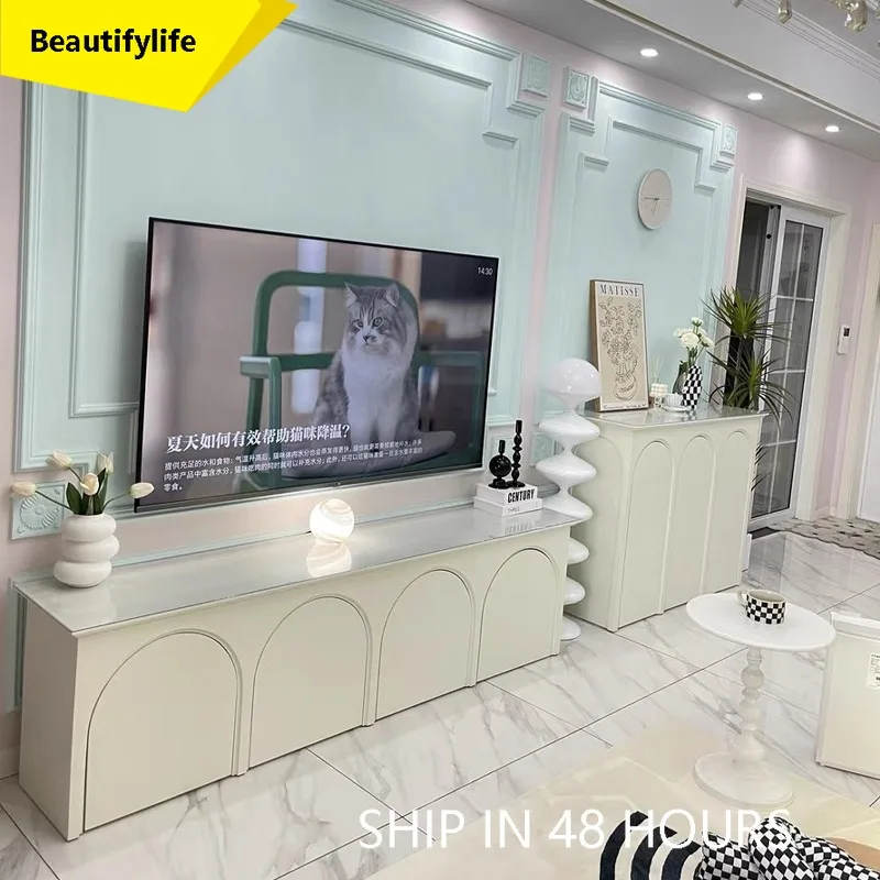 

6239 American-style Light Luxury TV Cabinet Modern Solid Wood Arch Storage Cabinet Cream White