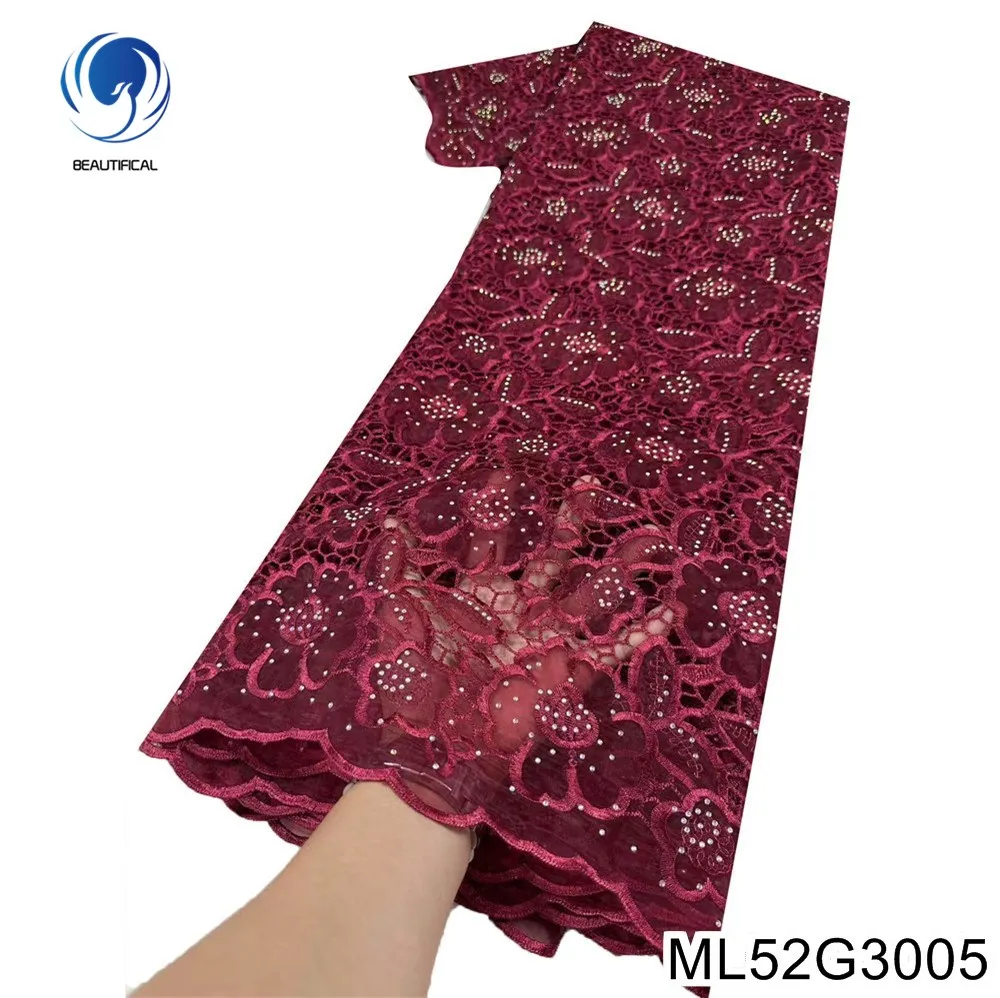 

2025 New Beautiful Red Diamond-encrusted Embroidery Design Nigerian Water-soluble Lace French Party Date Dress ML52G30