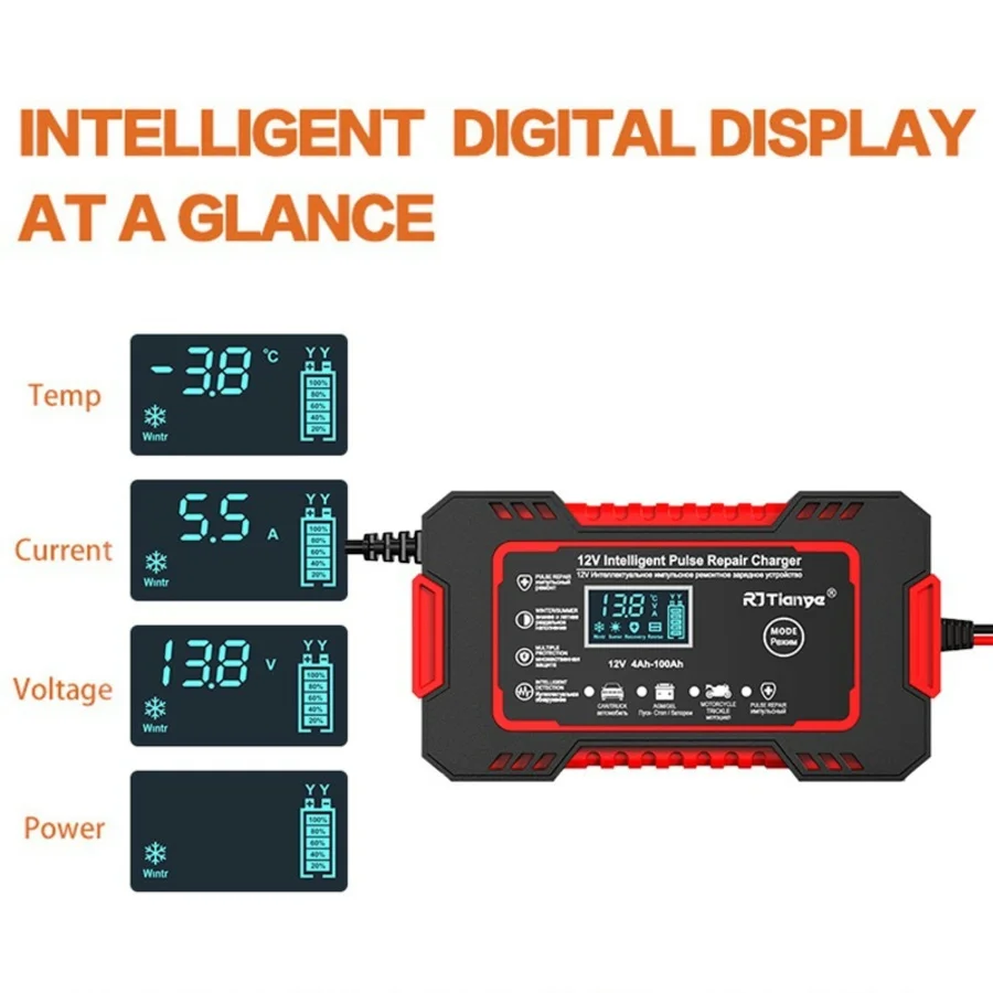 Car Battery Charger 12V Pulse Repair LCD Display Smart Fast Charge AGM Deep Cycle GEL Lead-Acid Charger For Auto Motorcycle