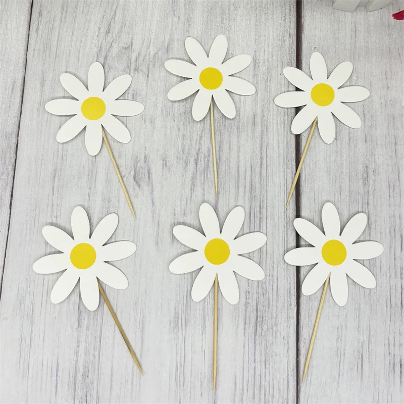 12Pcs Daisy Flower Cupcake Toppers Boy Girl Happy Birthday Party Cake Decoration Baby Shower Anniversary Wedding Party Supplies