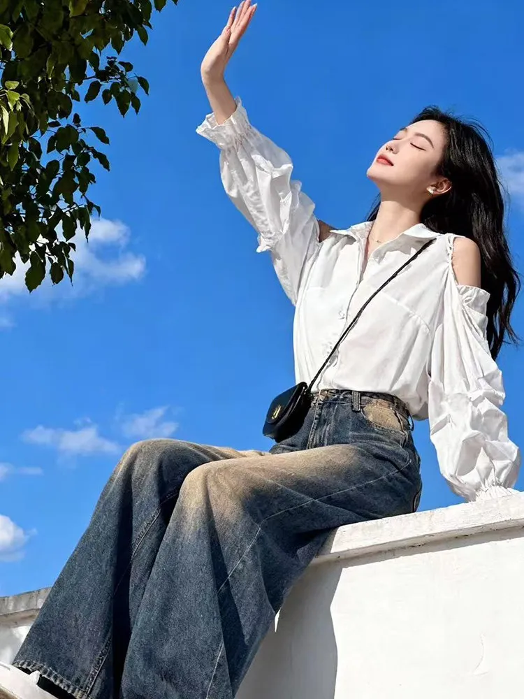 

White Off-oulder Bubble Sve irt Wide-Leg Jeans Two-Piece Set Women's Loose Versatile Faion Commute Outfit Spring Season