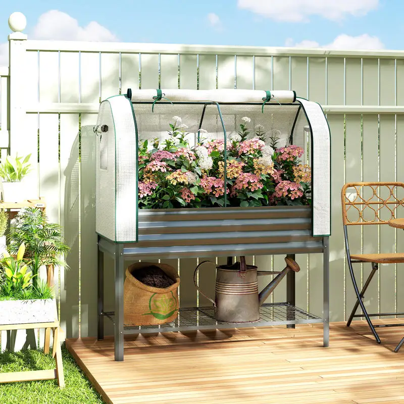 Outsunny Galvanised Raised Garden Bed with Greenhouse Cover, Metal Elevated Garden Bed with Bed Liner, Bottom Shelf, Dark Gray
