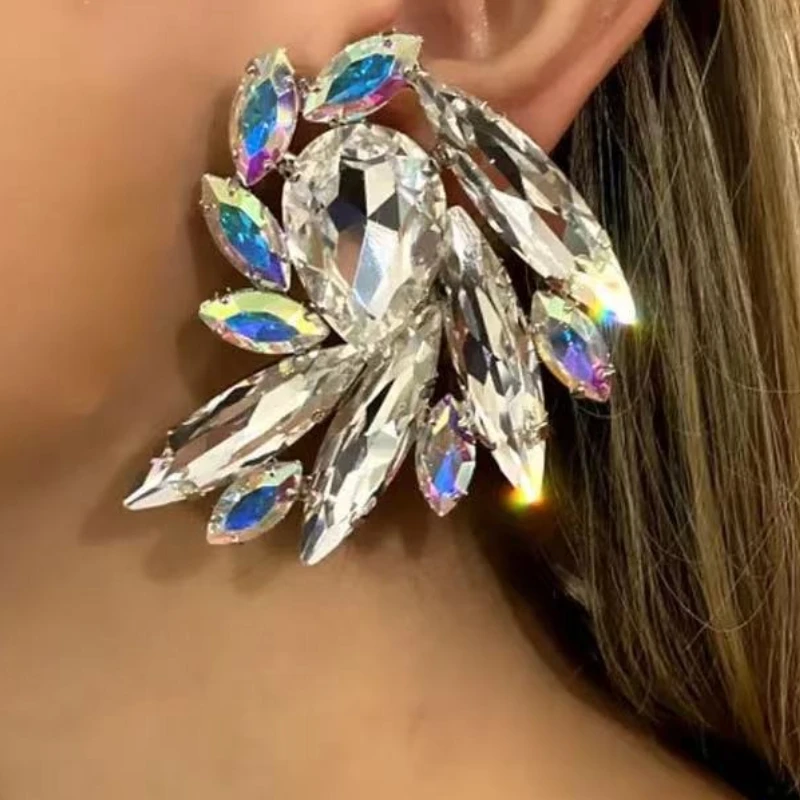 Geometric Flower Stud Earrings Luxury Crystal Accessories for Women Ear Studs AB Color Rhinestone Statement Jewelry Party Gift