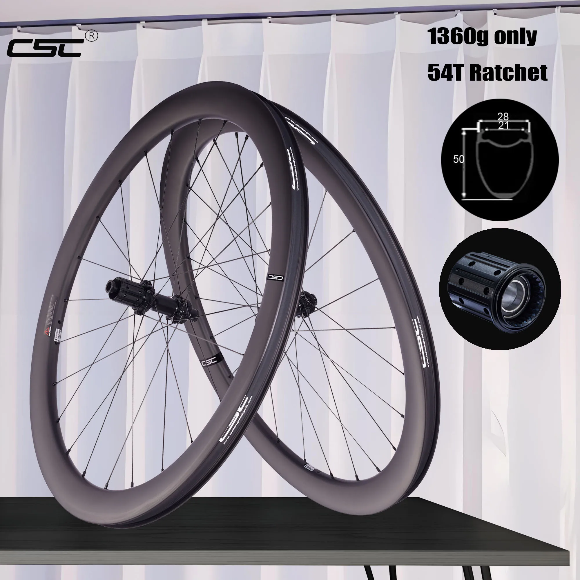 【セール中】CSCカーボンバイクホイールセット ディスクブレーキ 1360g 700C 50mmクリンチャー 28mm幅 12*100/12*142 スルーアクスル カーボンホイール グラベルバイク用