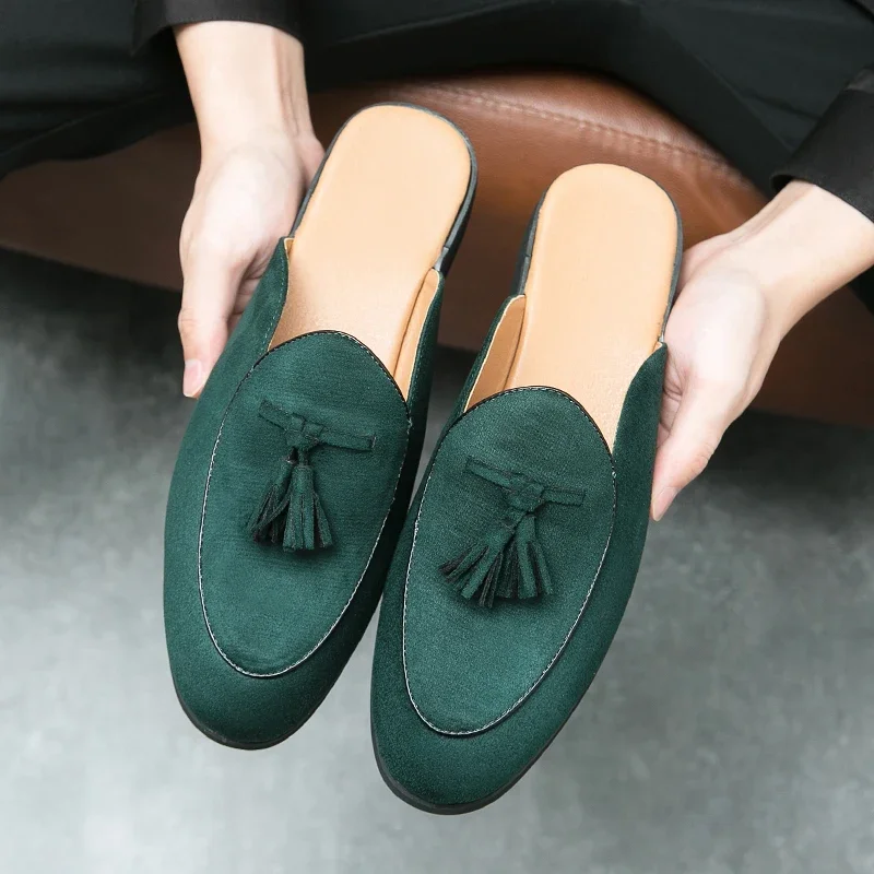 Summer Half Slippers Suede Shallow Mouth Loafers Flat Bottom Comfortable Soft Sole Men Casual Designer Shoes Man