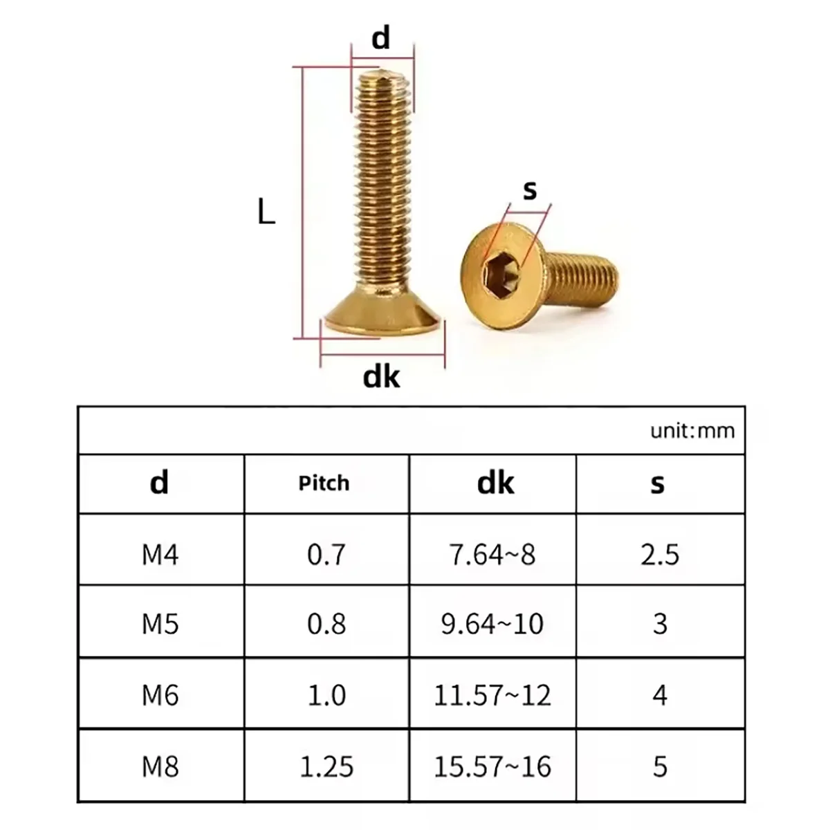 M4 M5 M6 M8 304 Stainless Steel with PVD Titanium Blue Rainbow Golden Flat Hex Countersunk Allen Screw Suitable for Bicycles