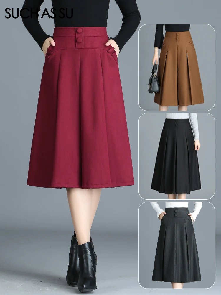 SUCH AS SU 4 Colors Available 2023 Women Black Brown Grey Wine Red Button High Waist Pleated Skirt Female Mid-Long Pockets Skirt