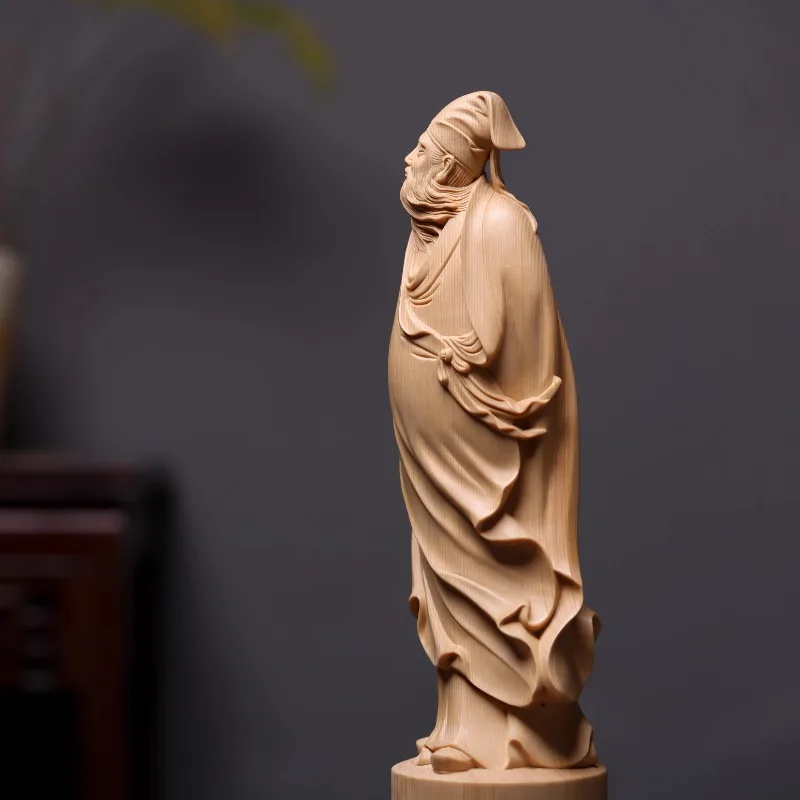 Solid Wood Hand-Carved Su Shi Statue, Scholar Tea Table Ornament, New Chinese Zen Decor for Study & Desk