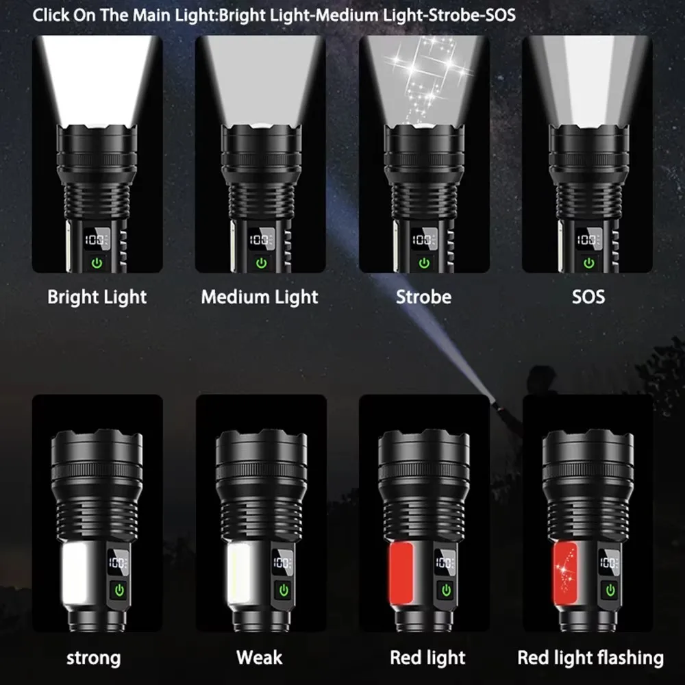 High Power Spotlight Long Range LED +Side COB Flashlight Type-C Rechargeable Telescopic Zoom Focusing Lamp Super Bright Tactical