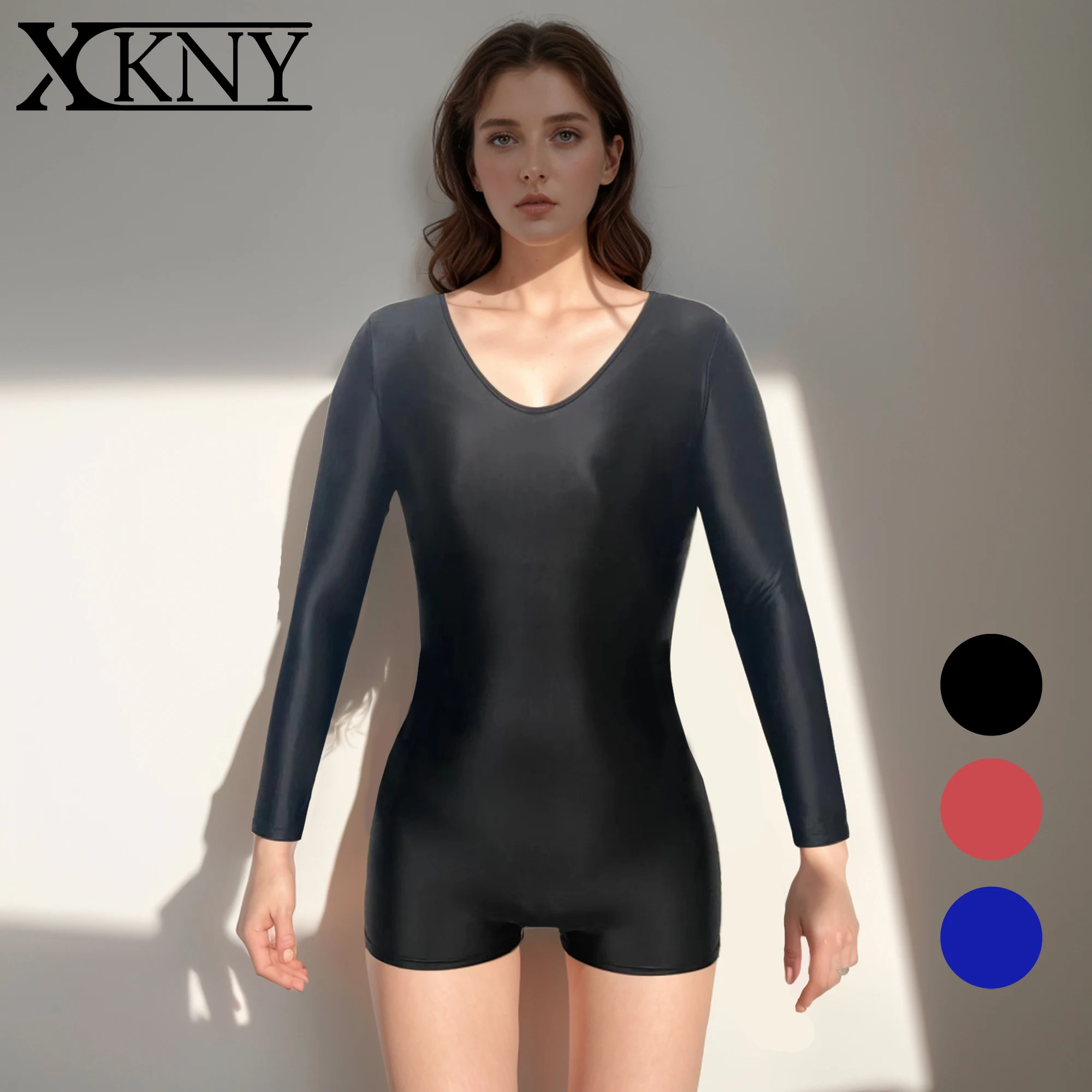 

XCKNY satin glossy tights oily silky round neck suit Yoga Leotards long sleeved short pants tights unisex swimsuit