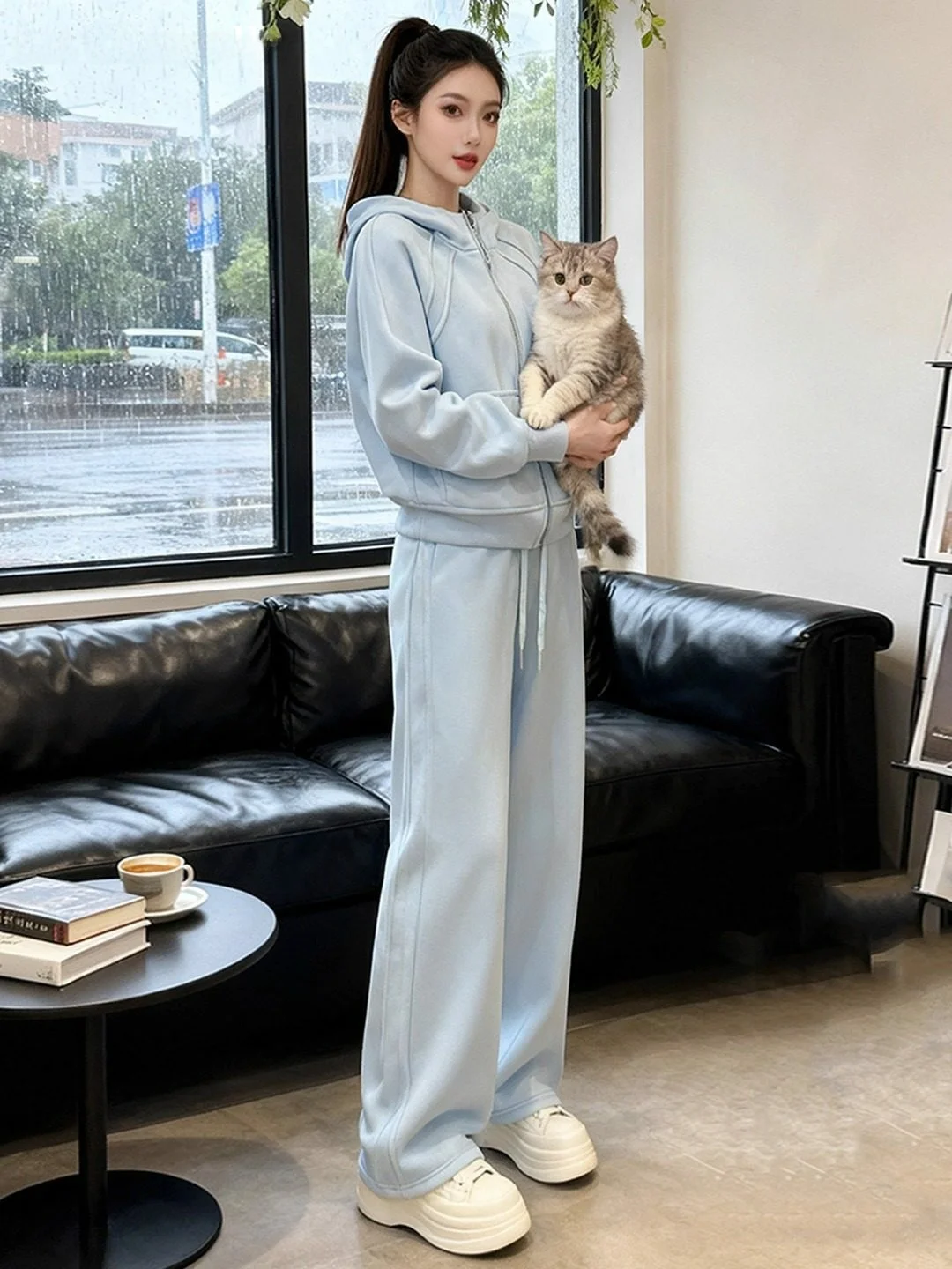 

La Chapelle Casual Sports Set Women's Spring Autumn Winter Lazy High-End Feel Fce Blue Hoodie Two-Piece Set Long Sve Zi...