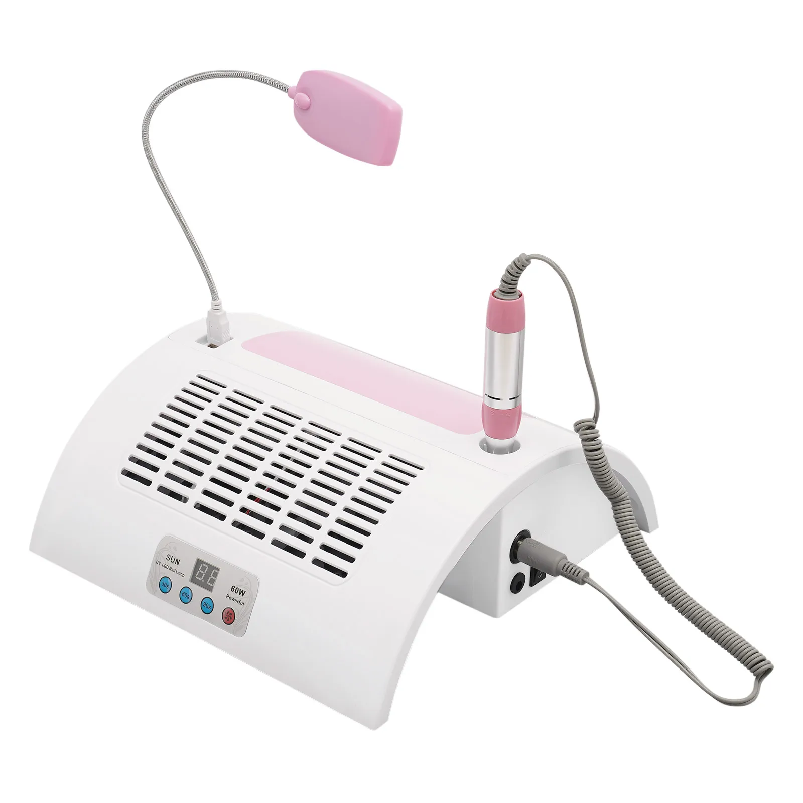 

5 in 1 All in One Nail Art Equipment ABS Material 60W UV LED Nail Dryer Corded Power US Standard Plug Desktop Design Timing Function Integrated Dust Collector Hand Rest and LED Lamp Professional Gel Polish Manicure Tool