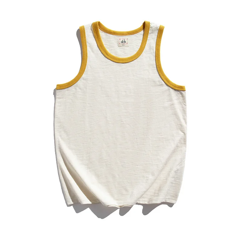 230G Summer Fashion Men\'s Yellow Neck Patchwork Cotton Vest Sleeveless Casual Loose Waistcoat Teens Gym Exercise Retro Tank Tops