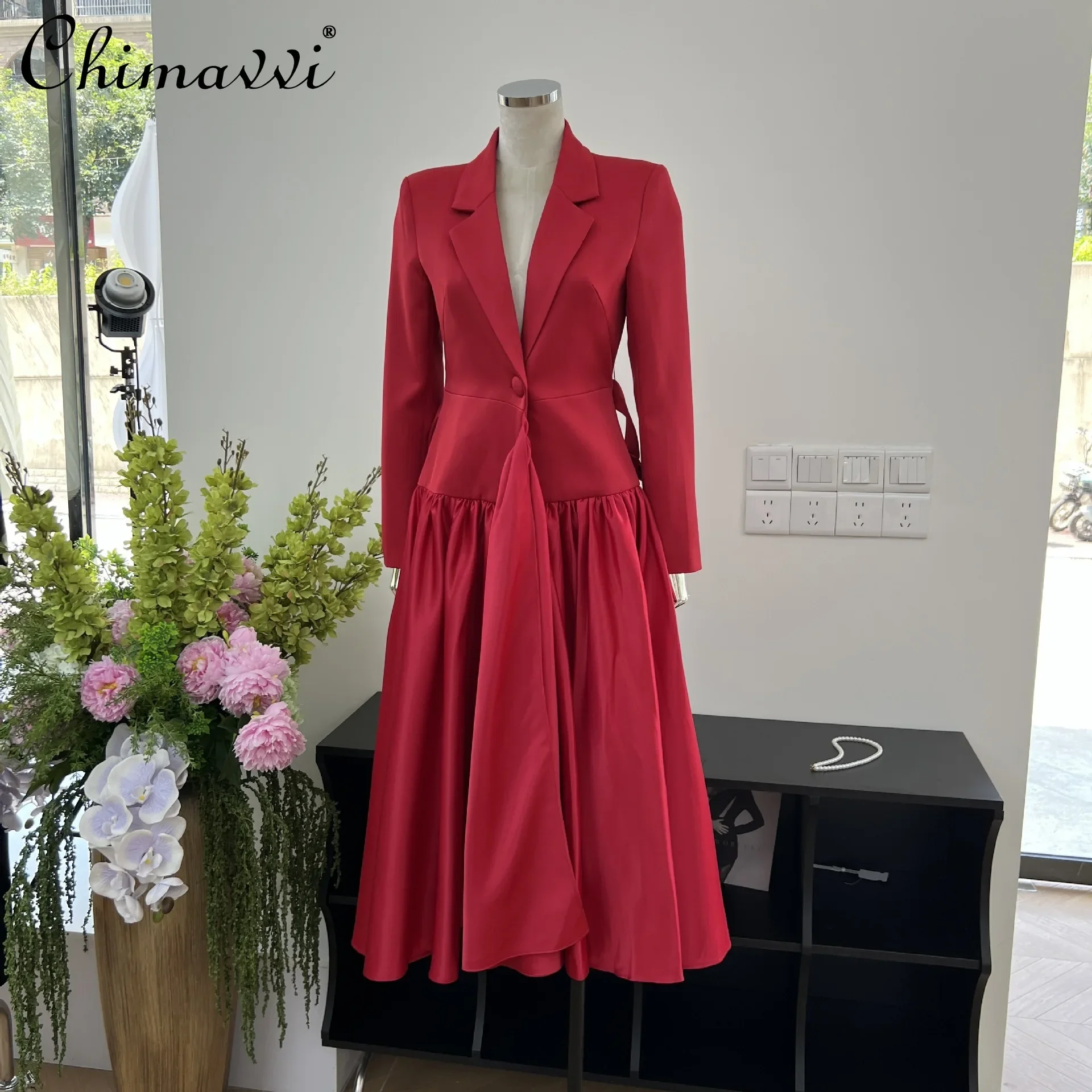 

French Elegant Fashion Commuter V-Neck Long Sleeve High Waist Belt Slim Splicing Pleated Big Hemline Long Dresses Women Autumn