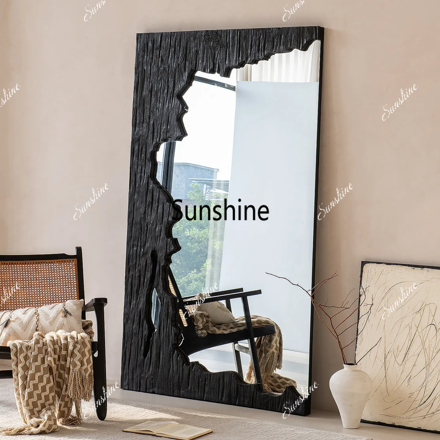 wabi-sabi black floor-to-ceiling, irregular solid wood wall-mounted mirror, living room entrance decoration