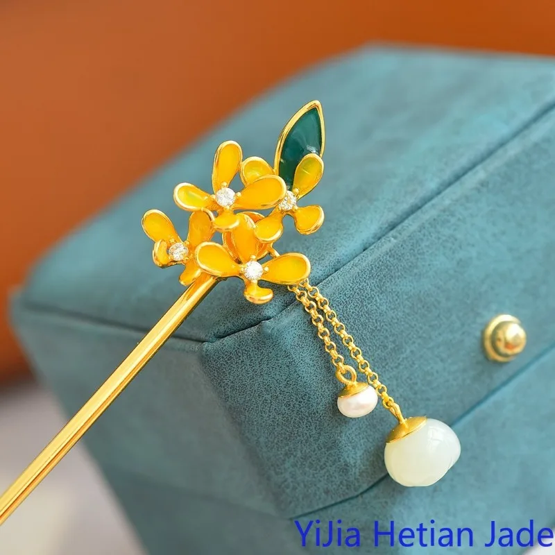 Chinese Style Jade Hairpin Headpin S925 Silver Natural and Tianyu Tassel Pin Chinese Clothing Jewelry Gift Hmong Miao Jewelry