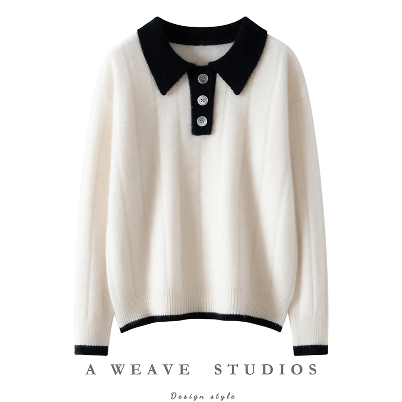 

Autumn Winter Cashmere Sweater New Polo Collar Women Pullover Contrasting 100% Cashmere Knitwear Thick Soft Classic Clothing Top
