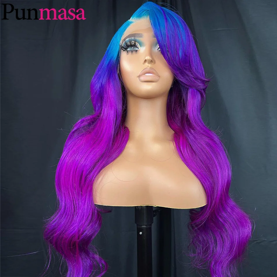 Ombre Blue Purple 13x6 Body Wave Human Hair Wigs Pre Plucked Glueless 5X5 Lace Wigs for Women 13x4 Transparent Lace Frontal Wigs