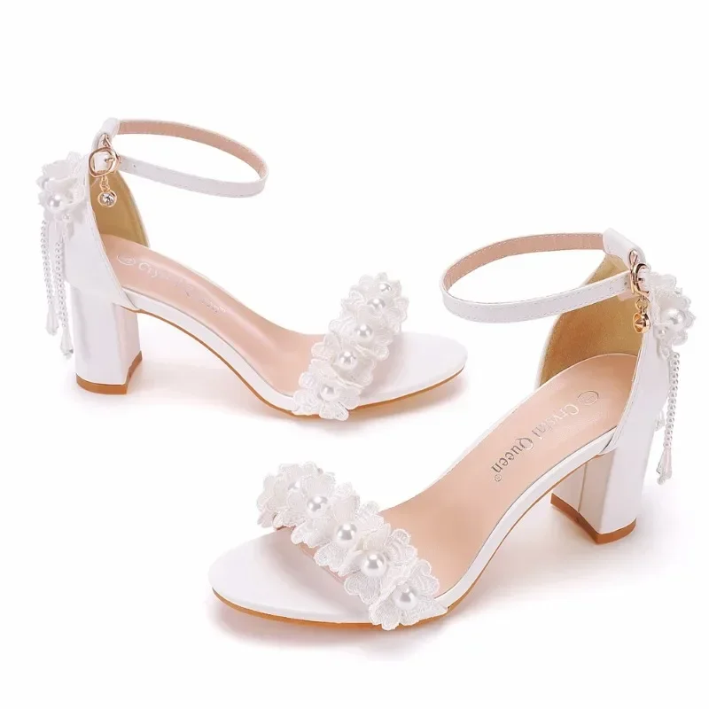 Women Pumps Sandals Wedding String Bead Buckle Strap PU 7CM Square Heel Classics Dress Women Dress Sandals Shoes White