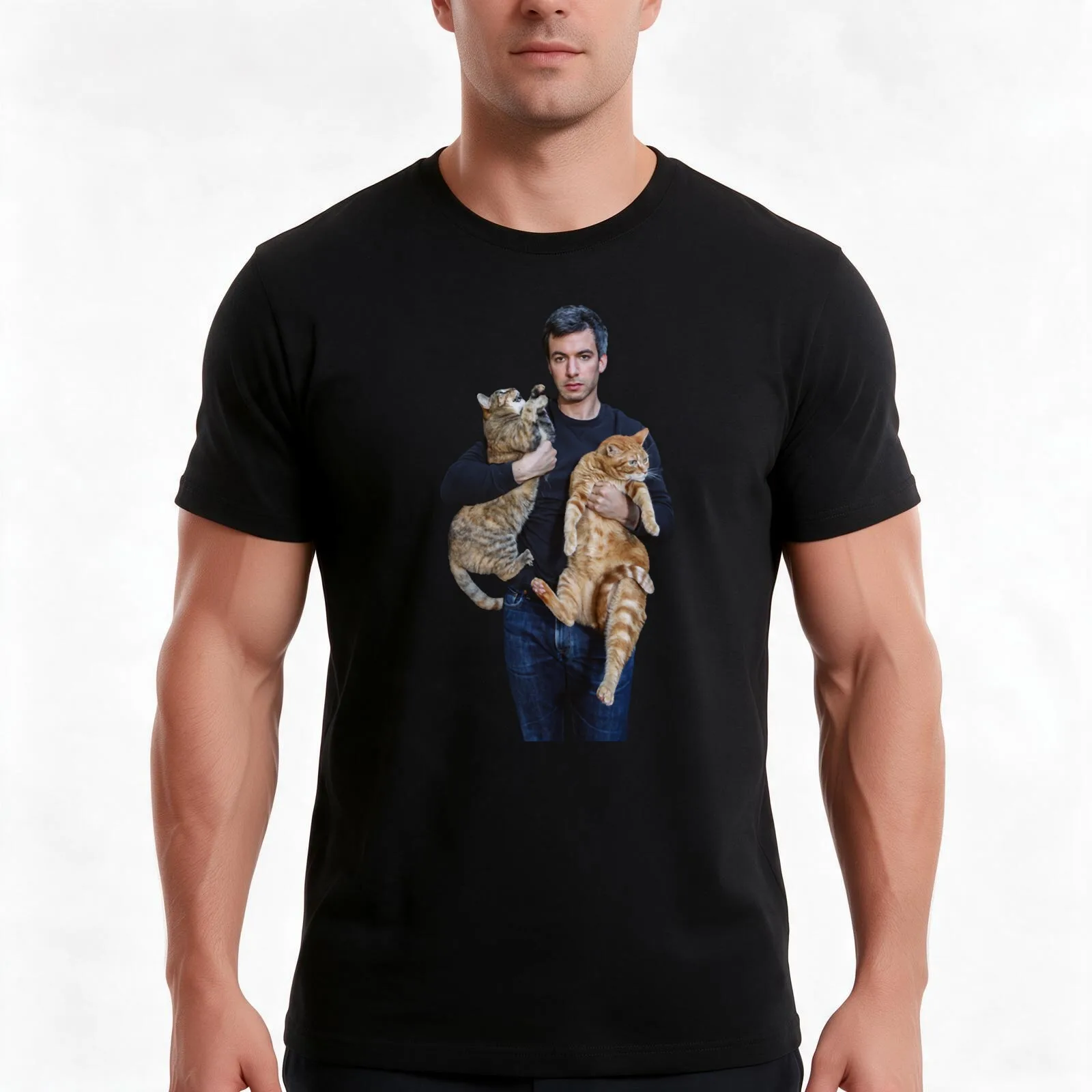Nathan Fielder and His Cats T-Shirt, Summer Casual Cotton Tee, Oversized Streetwear Tops, Vintage Graphic Print, 100% Cotton