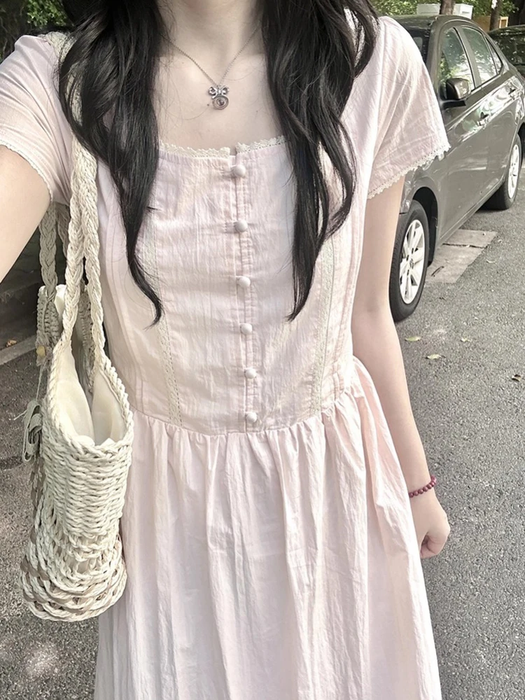 Różowa, słodka, koronkowa spódnica z efektem łączenia materiałów, damska, letnia, nowa kolekcja 2025, wyszczuplająca w talii, rozkloszowana, długa spódnica w stylu koreańskim, wykonana z poliestru...