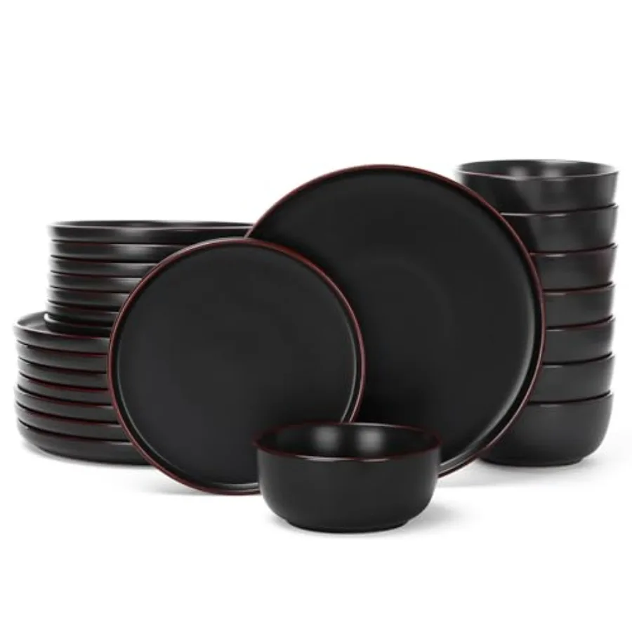 Matte Black 24 Pieces Dinnerware Set for 8 Plates and Bowls with Microwave and Dishwasher Safe Modern Dining Tableware Set