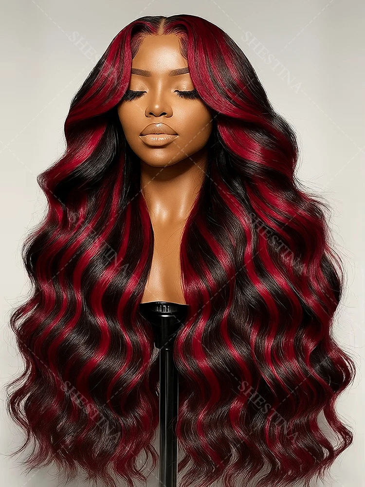 1B/99j Burgundy Highlight Lace Front Wig 30 Inch 5x5 Glueless Body Wave Wear And Go Wigs Brazilain Red Colored Human Hair Wigs