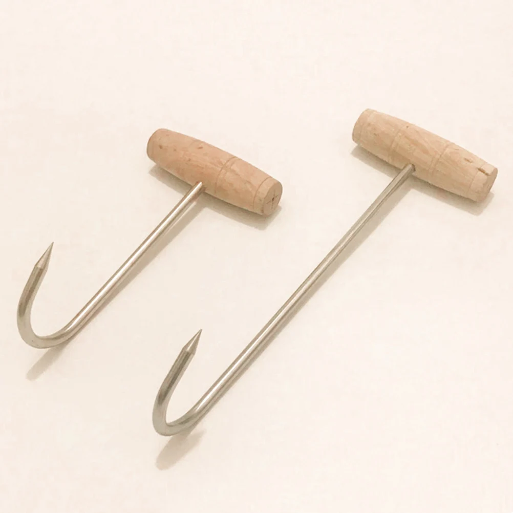 

2Pcs RustResistant Stainless Steel T Shaped Hooks Wood Handle For Butchering Kitchen Meat Hook Storage Organizer