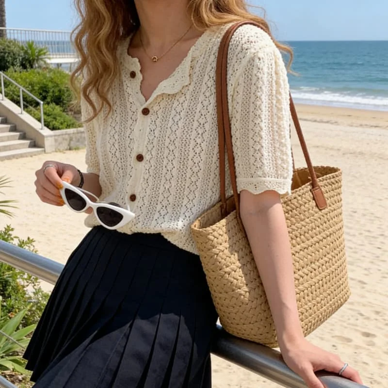 

Новинка лета 2026: Женская вязаная рубашка с воротником, однотонная, винтажная, шикарная, с коротким рукавом, кардиган, повседневный топ с вырезами, блузка