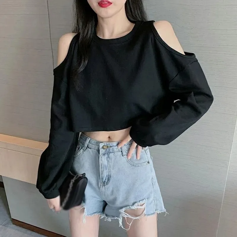 Women's Long Sleeve Off-the-shoulder Top Cutout Top Korean Version Autumn Loose Top round Neck Long Sleeves Solid Color Top