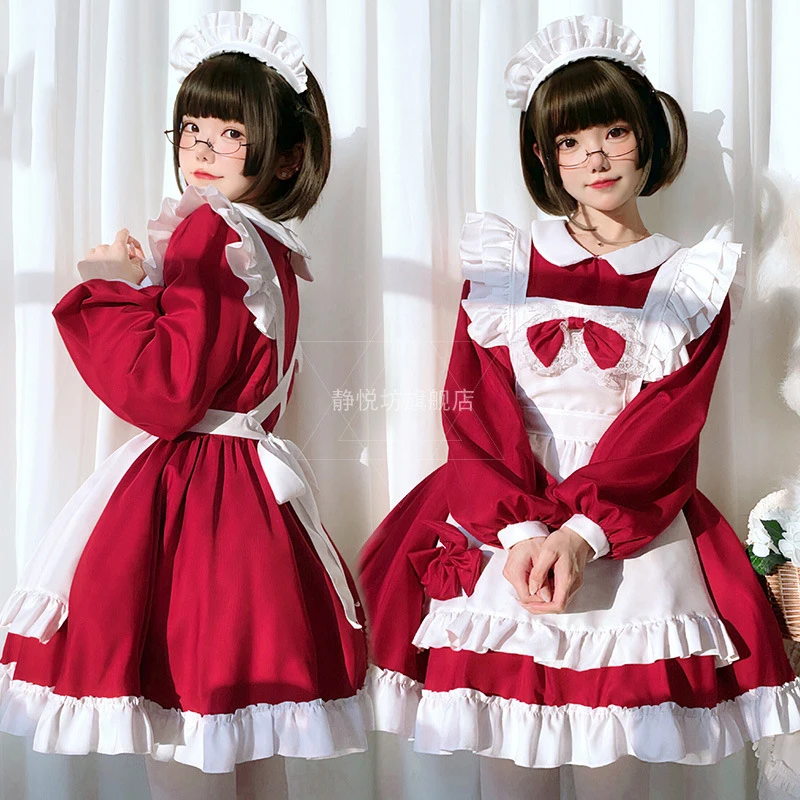 Plus Size Meid Cosplay Akihabara Kat Meisje Rode Lange Mouwen Mooie Dienstmaagd Lolita Jurk Anime Koffie Huis Kleding 3-delig