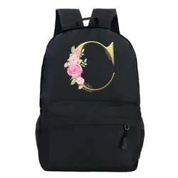 Black Backpack Graphic Gold Printed Letter Flower A-Z Alphabet Shoulders Bag Teenage Fashion Girl Backpack High School Schoolbag