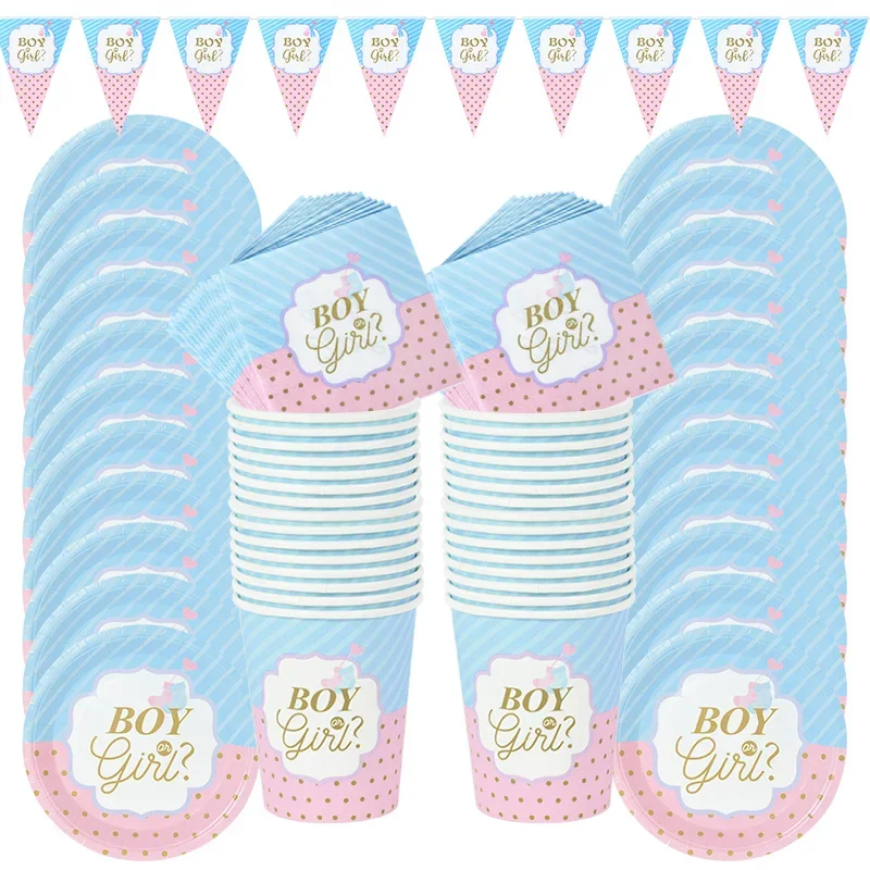 49Pcs Boy Or Girl Gender Reveal Disposable Tableware Set Paper Plate Cup Napkin Banner Baby Gender Reveal Party Decor Supplies