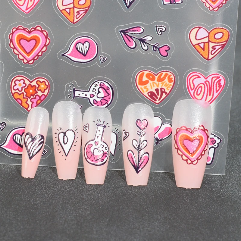 1PCS Valentine's Day Heart Splicing Nail sticker Red Heart Flower Nail Decoration Decal stick Heart Balloon 3D Self-adhesive nai