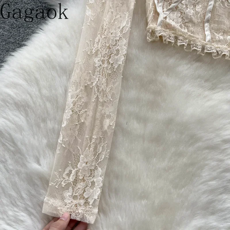 Gagaok Lace Embroidery Sexy Blouse Women Square Neck Long Sleeve Elastic Waist Elegant Lady Fashion Spring Short Tops