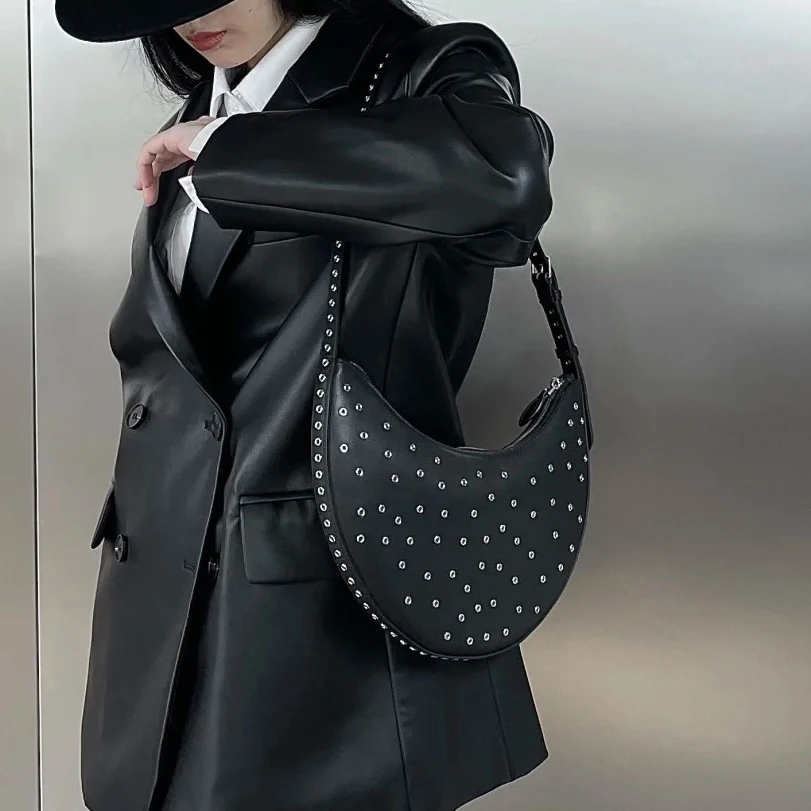 

Punk style underarm bag 2025 new niche design rivet dark motorcycle tote bag PU leather fashion lady one-shoulder crossbody bag