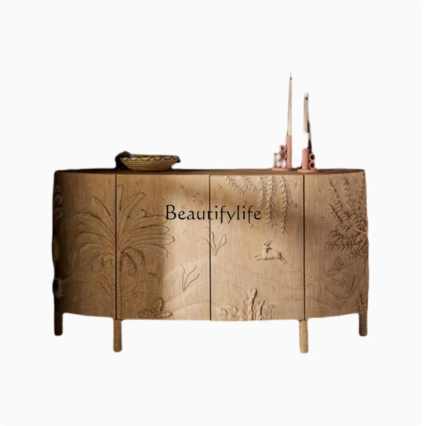 

French solid wood retro carved entrance cabinet American country semi-circular TV cabinet