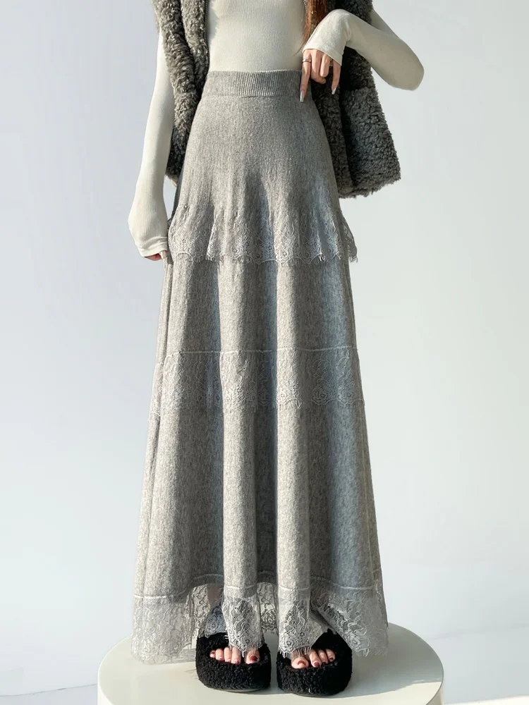 High Waist Lace Patchwork Velvet Cake Skirt Women's Autumn Winter Sle Ballet Fairy A-Line Umbrella Skirt Korean Version Cit...