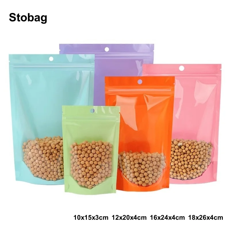 StoBag 100pcs Color Transparent Food Packaging Bags Ziplock Stand Up Sealed for Candy Tea Nuts Beans Storage Reusable Pouches