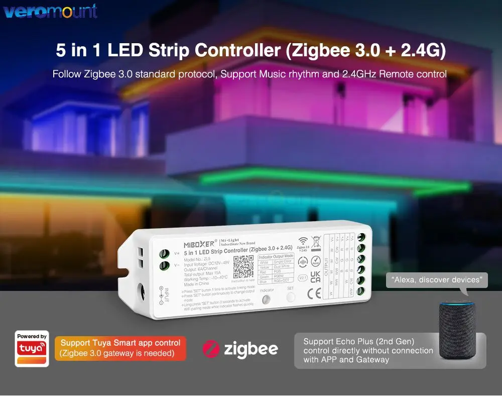 Miboxer Zigbee 3.0+2.4G Single Color Dual White RGB RGBW RGBCCT 5 in 1 LED Strip Controller ZL5 DC 12V 24V 2.4G WiFi APP Voice