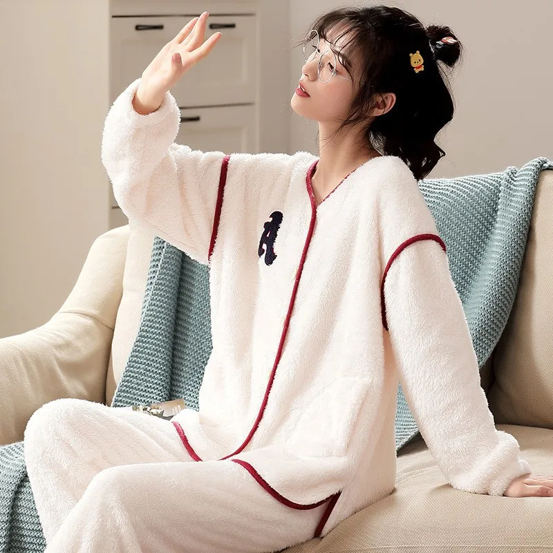 Basic Lapel Cardigan Loose Pant Women\'s Pajamas Set New Winter White Fashion Long Sleeved Flannel Pajamas Female Sleepwear Set