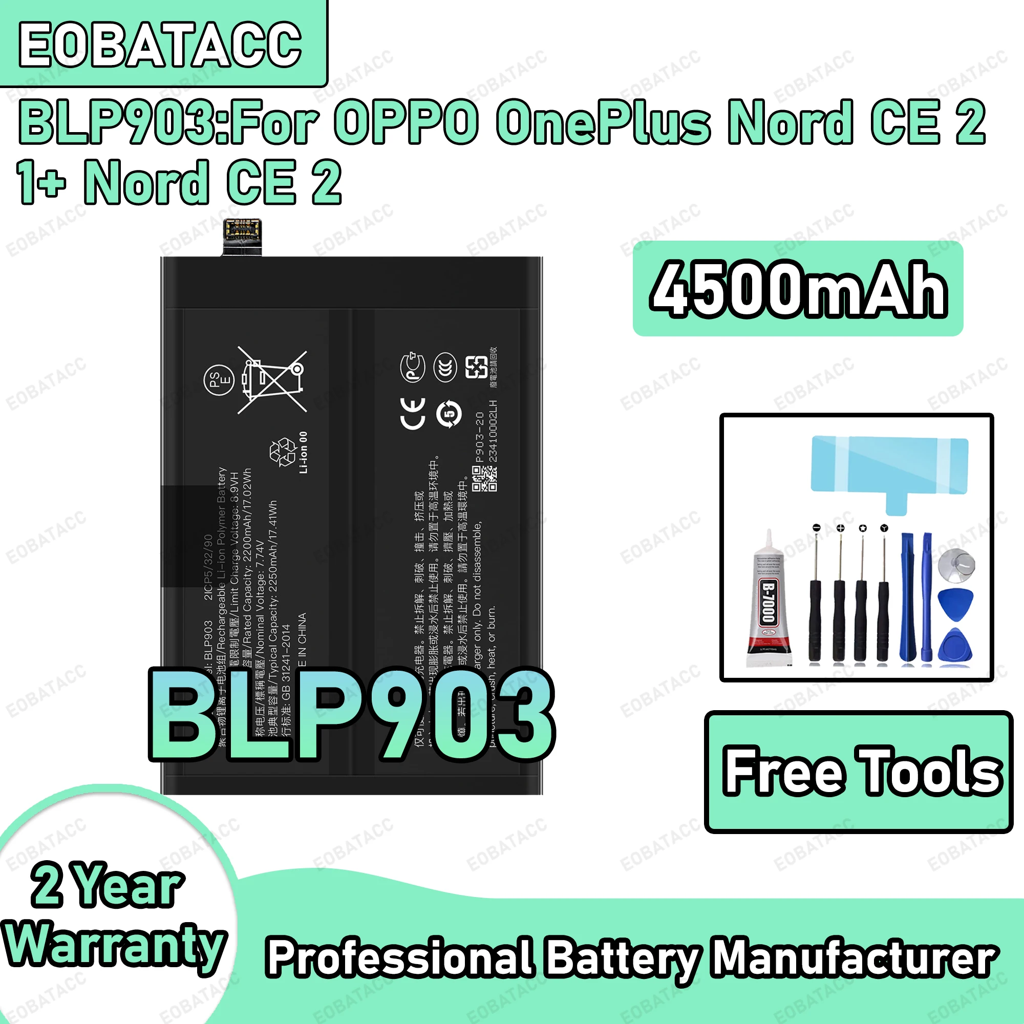 

High Quality 4500mAh BLP903 Battery For OnePlus Nord CE 2 Long Lasting Power +Free Tools