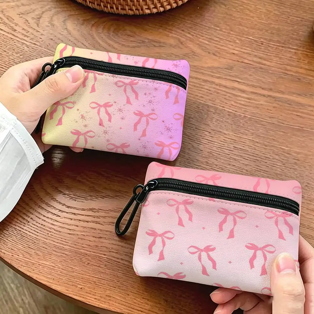 Pink Bow BEAUTY  Portable Oxford Fabric Mini Wallet Carabiner Design Small Coin Bag For Cards Keys Earphones