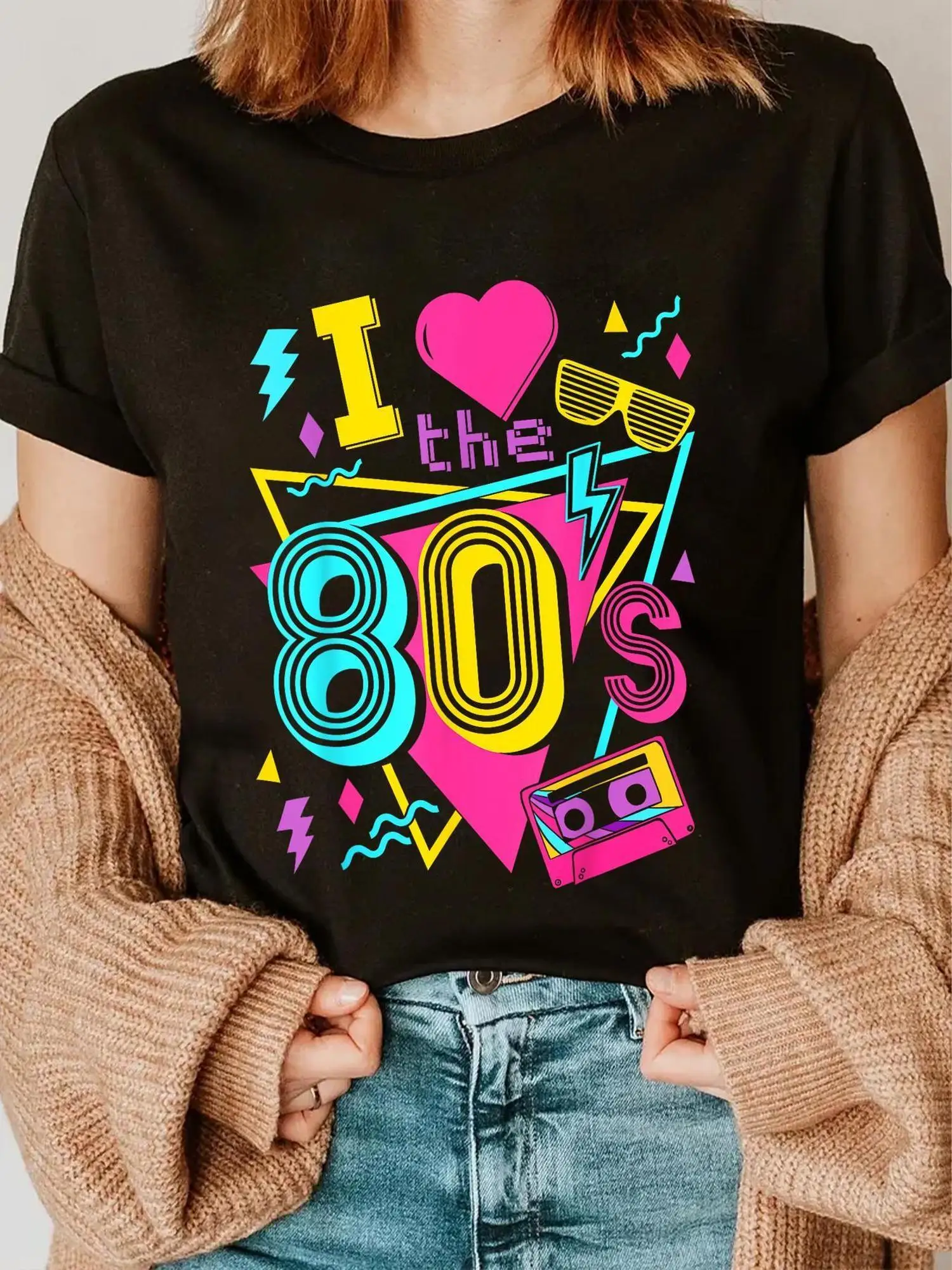 T-shirt grafica da donna taglie forti I Love The anni '80 - T-shirt casual retrò a maniche corte con stampa audace, morbida, girocollo, macchina