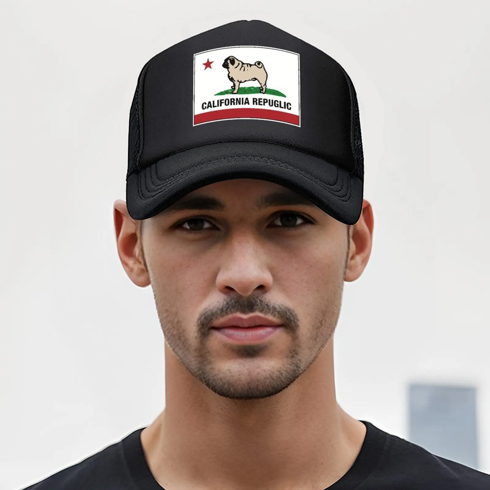 كاليفورنيا Repuglic يتميز قبعة بيسبول Ube the Pug قبعة شتوية سوداء قبعة سائق الشاحنة للرجال والنساء #5